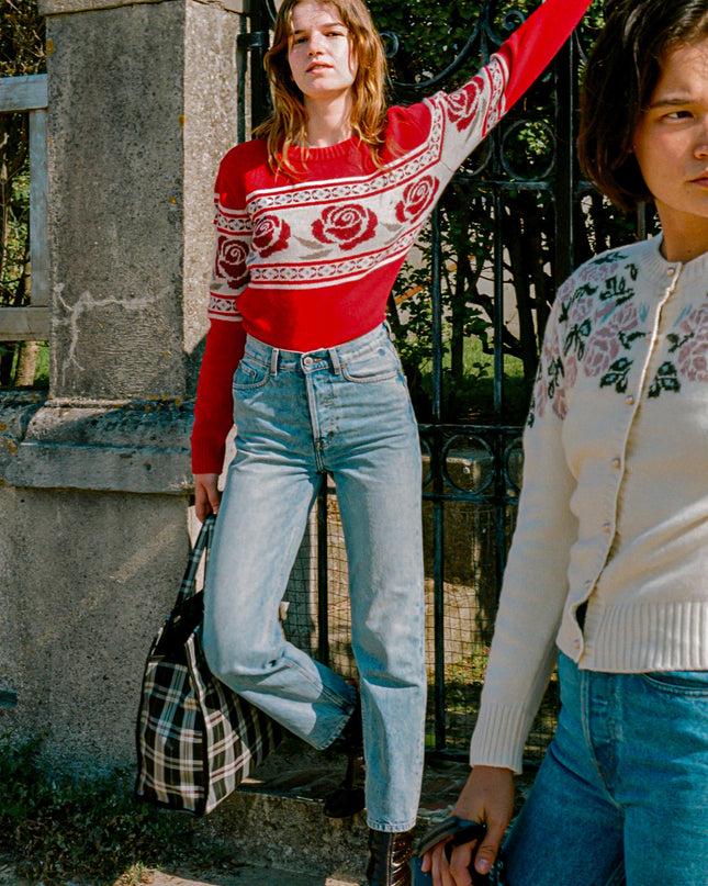 Round Neck Pullover Rose  Christmas Sweater