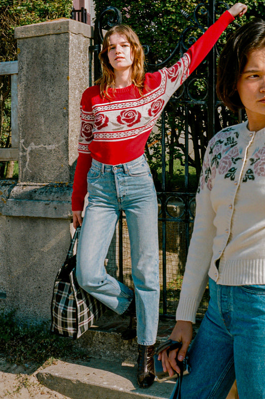 Round Neck Pullover Rose  Christmas Sweater