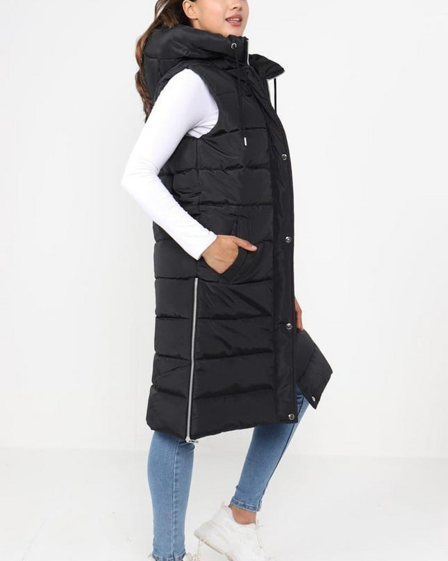 Ladies Girls Long Hooded Puffer Warm Padded Sleeveless Gilet Bodywarmer Zipper