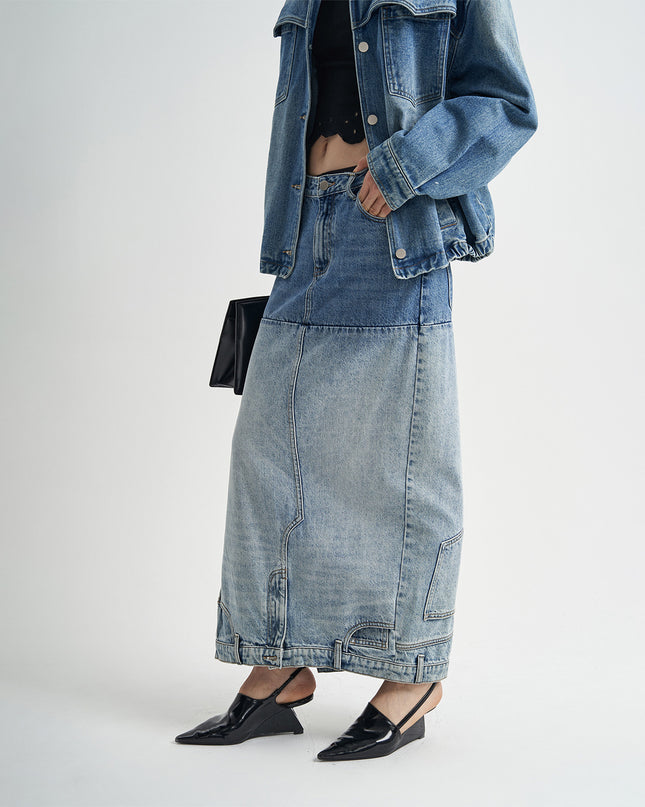 Washed Denim Long Skirts Stitching Design Women's Clothing
