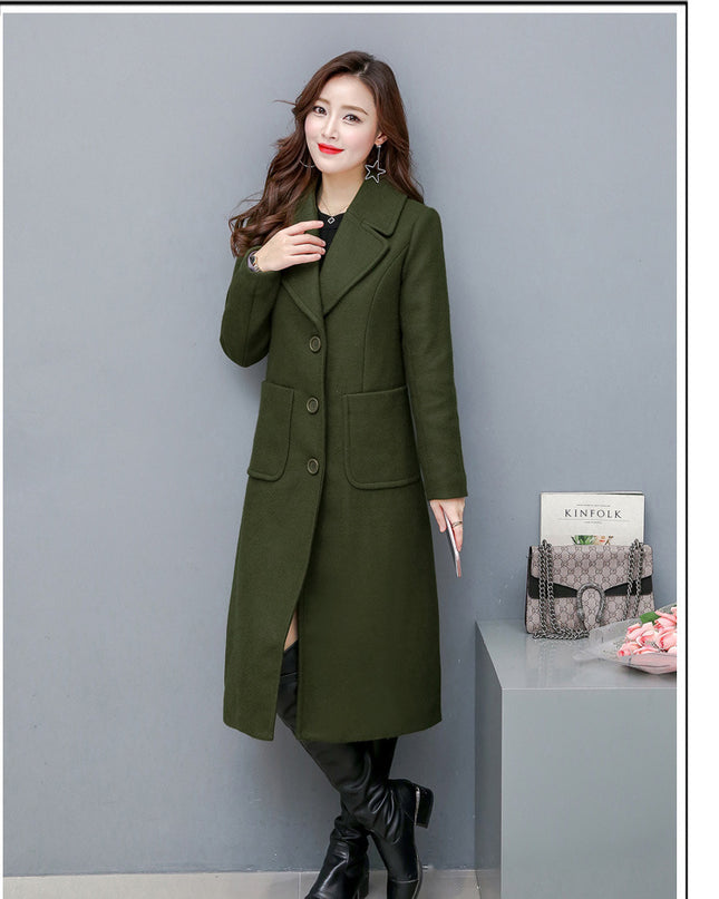 Fashionable Over-the-knee Woolen Women's Slim And Slim Long Woolen Coat