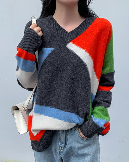 Colorblock V-neck Loose Lazy Knit Sweater