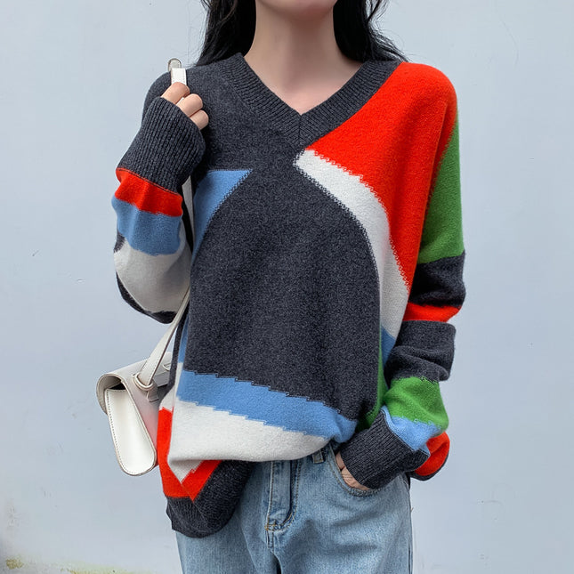 Colorblock V-neck Loose Lazy Knit Sweater
