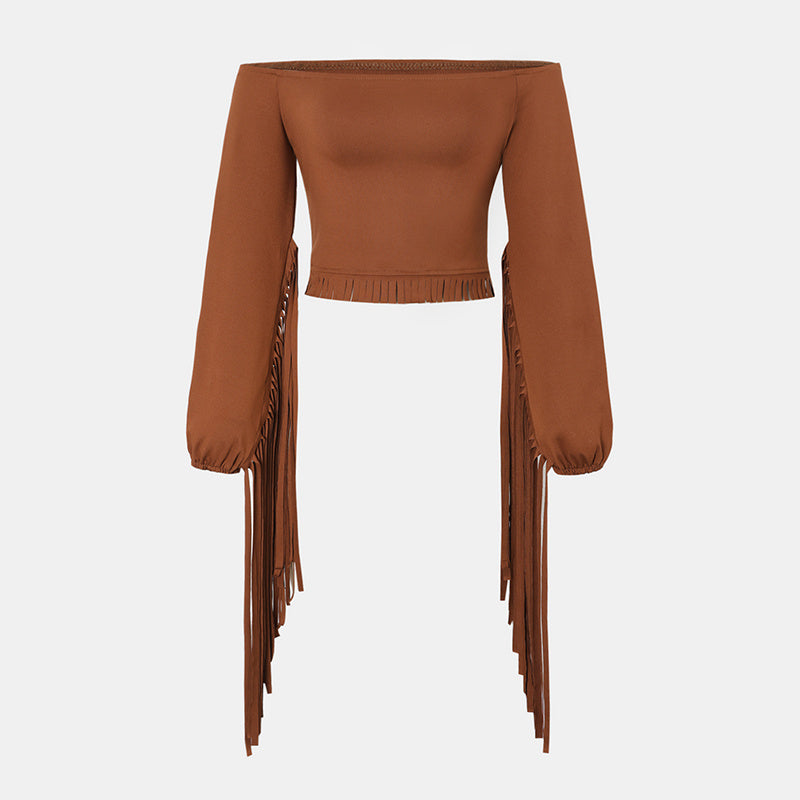 Cowgirl  Fringe Trim Tops Sexy Off Shoulder Long Sleeve T Shirts Tassel Top