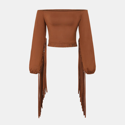 Cowgirl  Fringe Trim Tops Sexy Off Shoulder Long Sleeve T Shirts Tassel Top