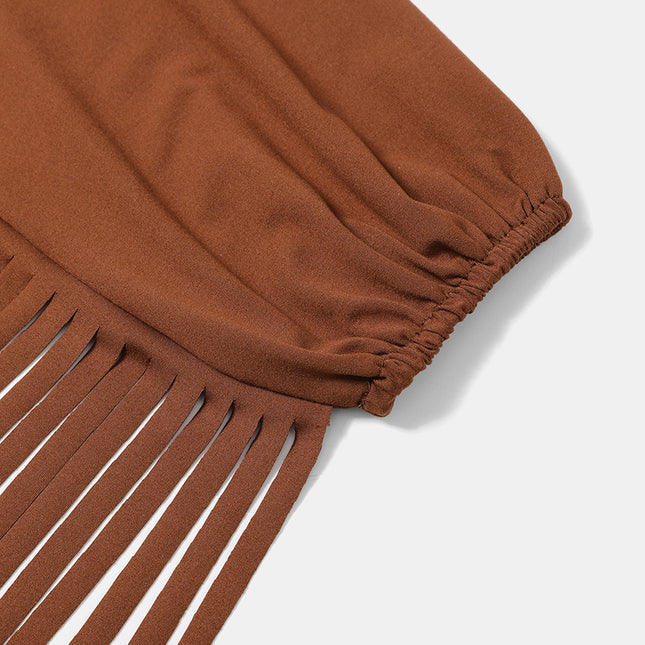 Cowgirl  Fringe Trim Tops Sexy Off Shoulder Long Sleeve T Shirts Tassel Top