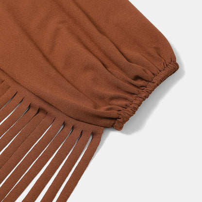 Cowgirl  Fringe Trim Tops Sexy Off Shoulder Long Sleeve T Shirts Tassel Top