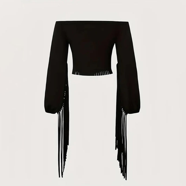 Cowgirl  Fringe Trim Tops Sexy Off Shoulder Long Sleeve T Shirts Tassel Top