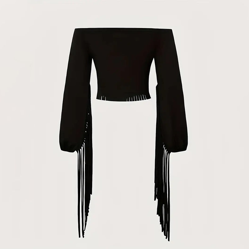 Cowgirl  Fringe Trim Tops Sexy Off Shoulder Long Sleeve T Shirts Tassel Top