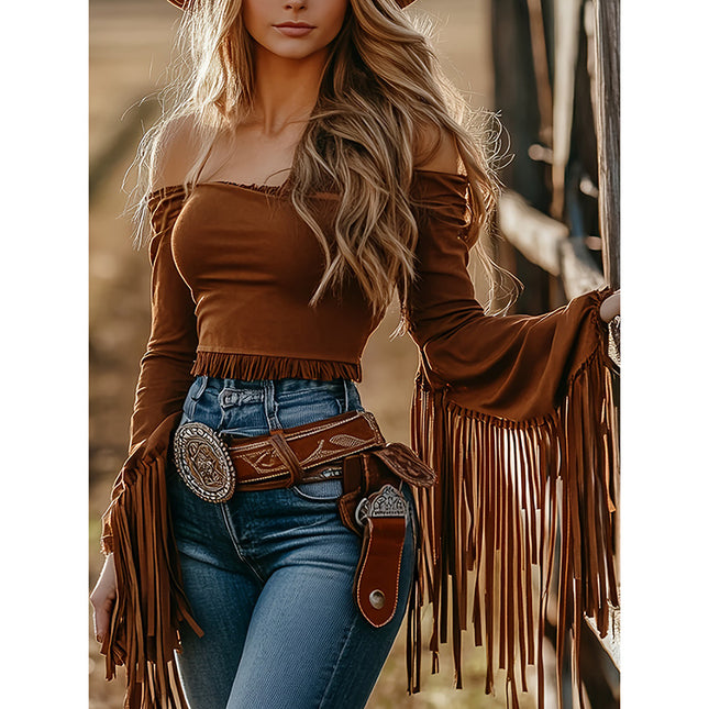 Cowgirl  Fringe Trim Tops Sexy Off Shoulder Long Sleeve T Shirts Tassel Top