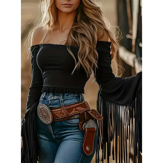 Cowgirl  Fringe Trim Tops Sexy Off Shoulder Long Sleeve T Shirts Tassel Top