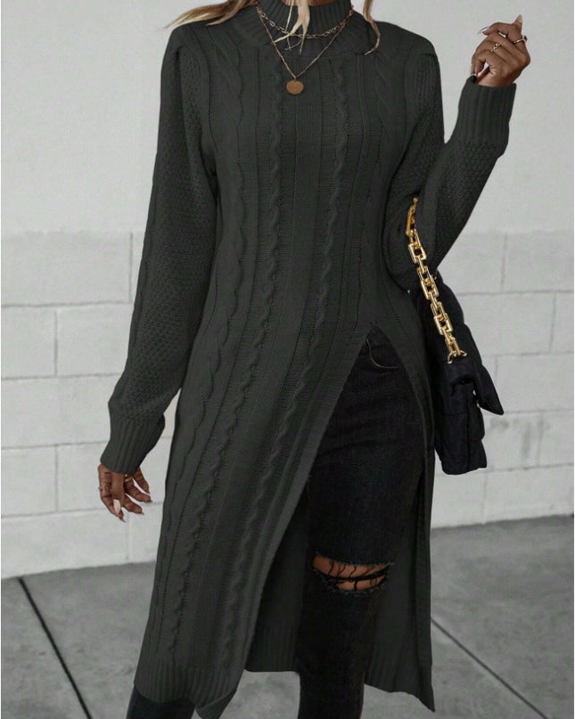 Women Crew Neck Long Sleeve Split Hem Minimalist Sweater