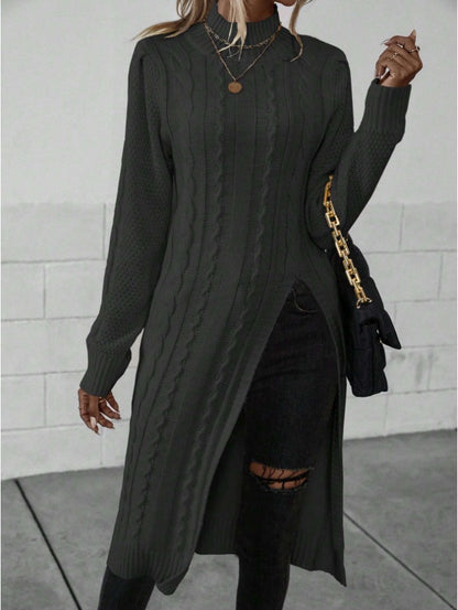 Women Crew Neck Long Sleeve Split Hem Minimalist Sweater