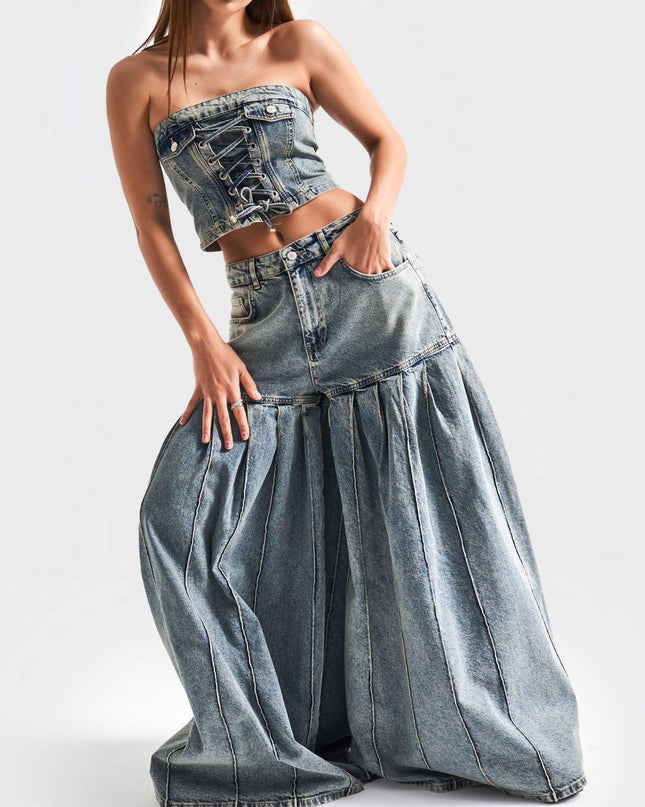 Strapless Denim Corset Crop Top & High - Waisted Pleated  Wide - Leg Pants Set
