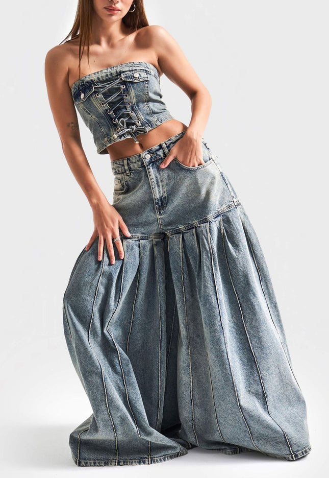 Strapless Denim Corset Crop Top & High - Waisted Pleated  Wide - Leg Pants Set