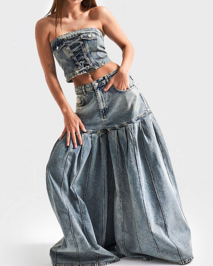 Strapless Denim Corset Crop Top & High - Waisted Pleated  Wide - Leg Pants Set