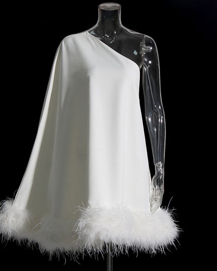 One Shoulder Feather Trim Evening Dress Solid Color Short Dress
