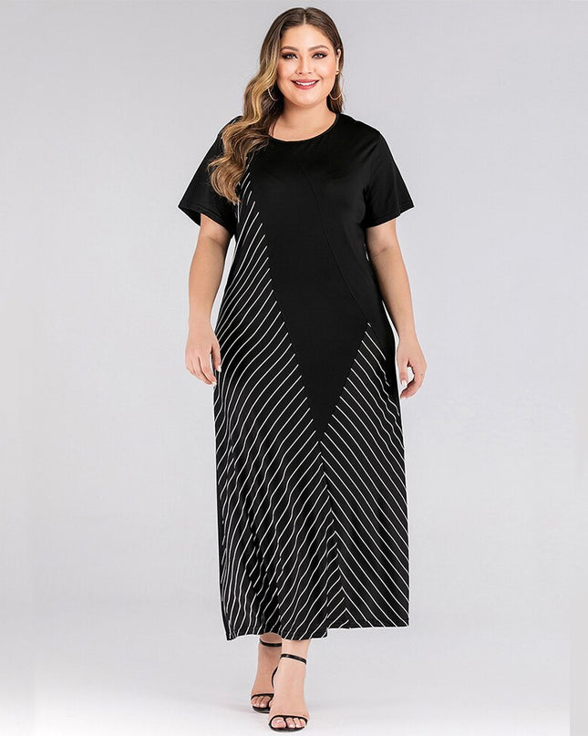 Big Size Women Dress Black Round Neck Short Sleeve Contrast Color Stripe Patchwork Maxi Dresses