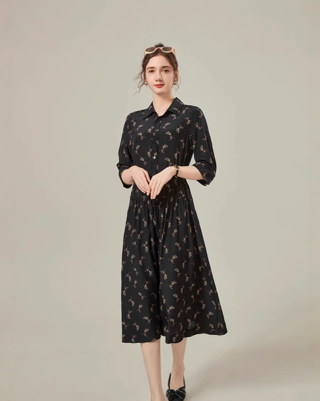 Floral Mid-length Shirt Silk Dress