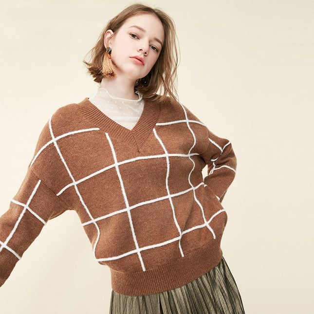 Spring new pattern check V-neck short sweater