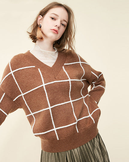 Spring new pattern check V-neck short sweater