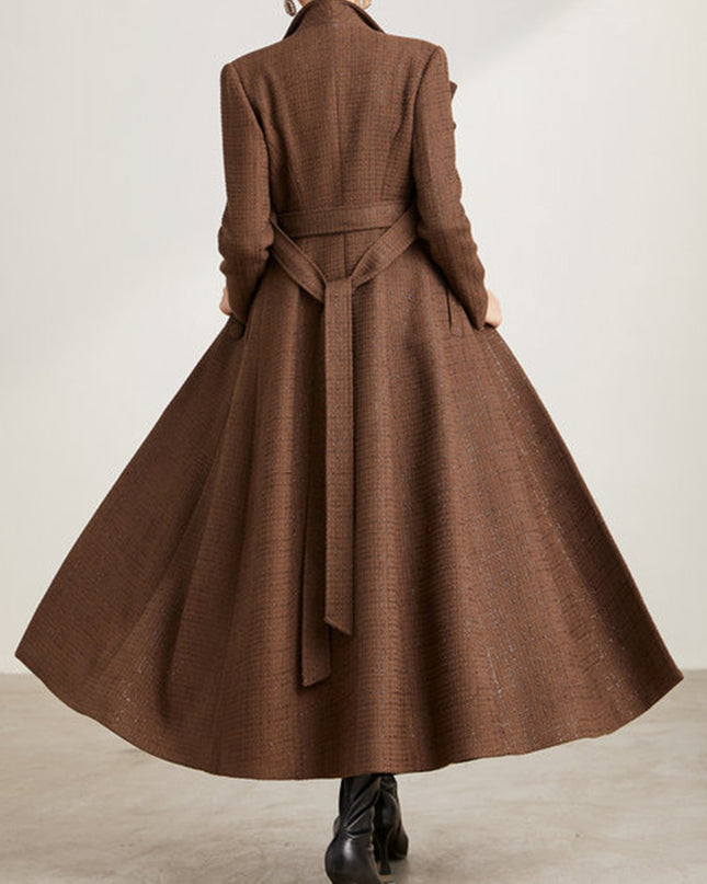 Double Collar Long Slim Fit Tweed Coat