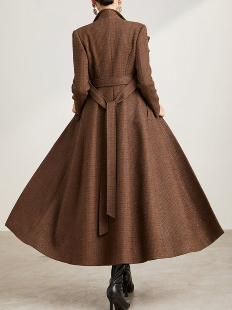 Double Collar Long Slim Fit Tweed Coat