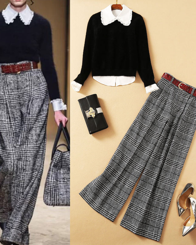 New Style Wooden Ear Shirt With Mohair Sweater And Plaid Wide-leg Pants Three-Piece Suit