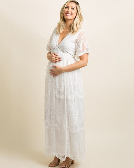 Maternity Dresses for Photo Shoot Summer V Neck White Lace white Maxi Dress