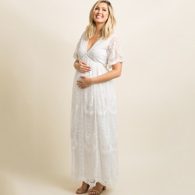Maternity Dresses for Photo Shoot Summer V Neck White Lace white Maxi Dress