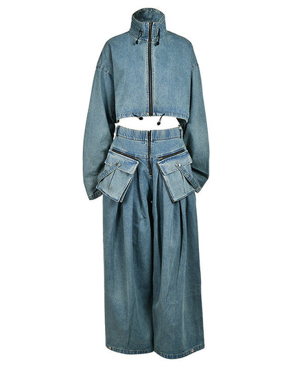 Women's Large Pocket Heavy Industry Denim Jacket Two-piece Set