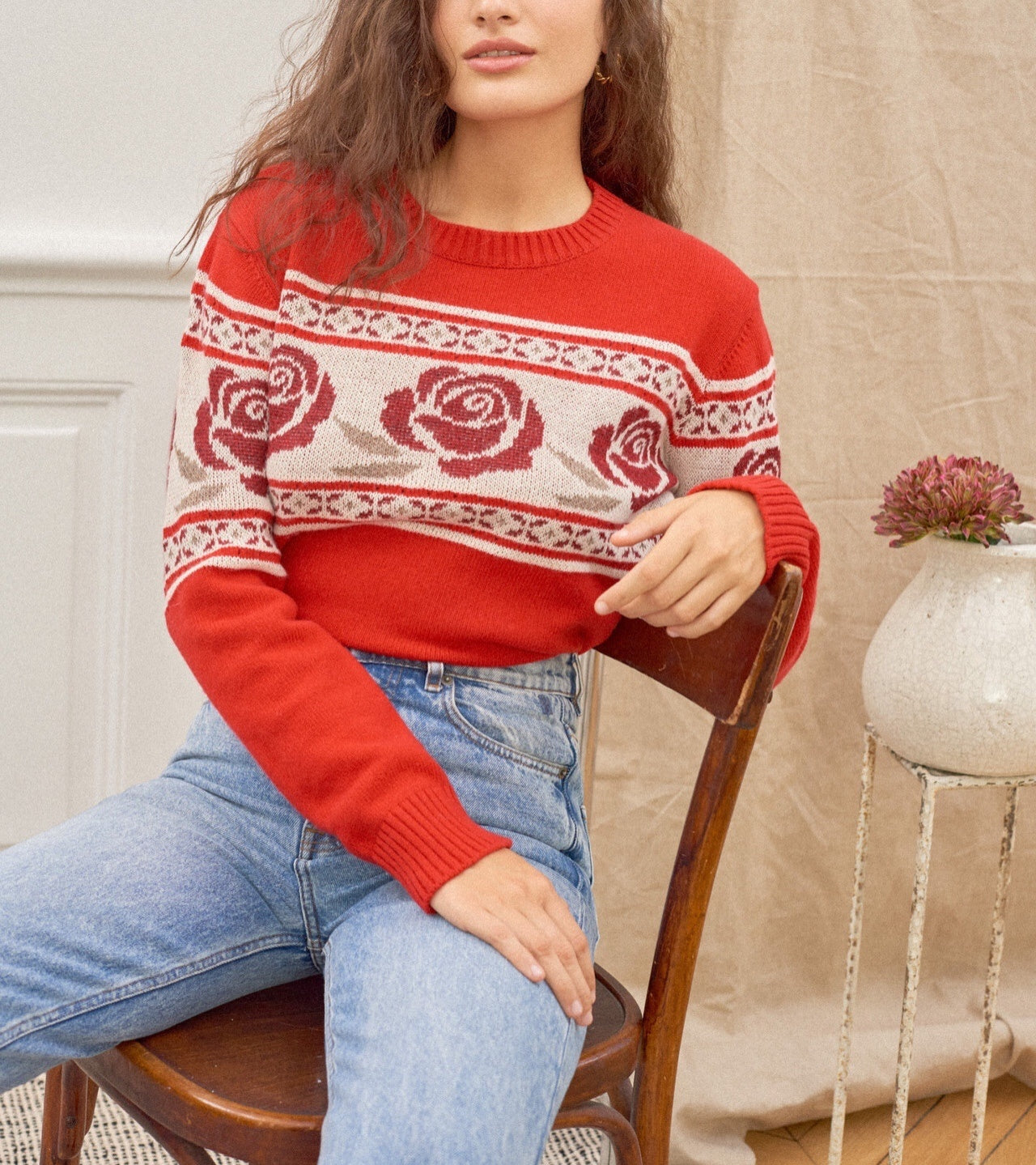 Round Neck Pullover Rose  Christmas Sweater