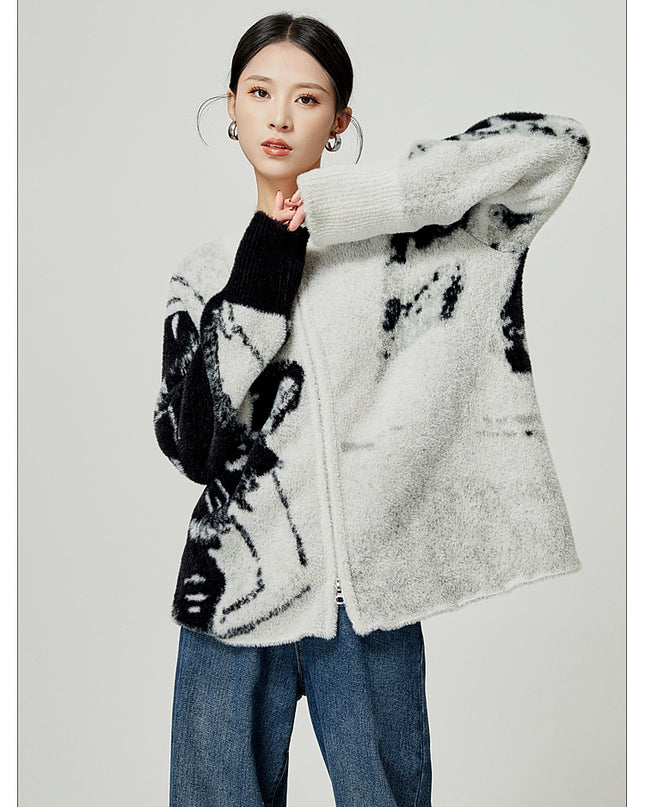 Grey Color Blocked Cardigan Sweater Round Neck Knit