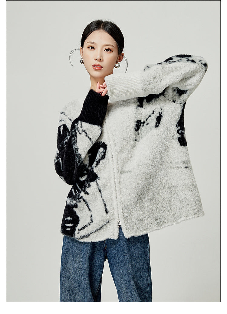 Grey Color Blocked Cardigan Sweater Round Neck Knit