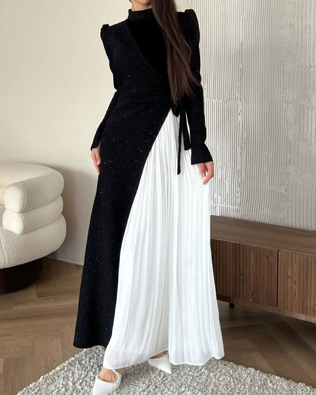 Long Sleeve Stitching Design Pleated False Two-piece Suit Dress