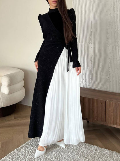 Long Sleeve Stitching Design Pleated False Two-piece Suit Dress