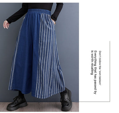 Autumn Clothing Casual Patchwork Striped Denim Fashionable Wide Leg Pants
