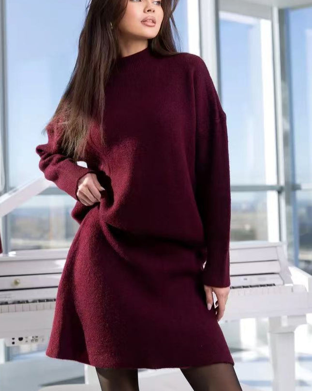 Mock Neck Sweater Autumn And Winter Knitting Top A- Line Skirt Two Pieces