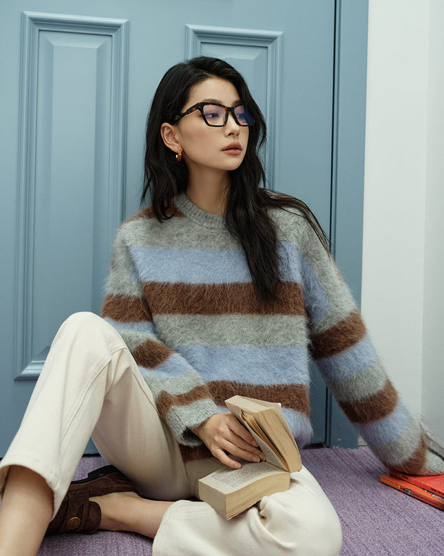 Retro High Street Color Striped Lazy Leisure Pullover Sweater