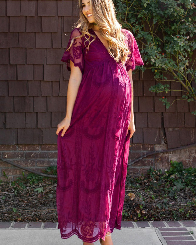 Maternity Dresses for Photo Shoot Summer V Neck White Lace white Maxi Dress