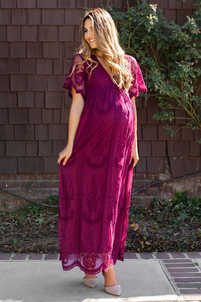 Maternity Dresses for Photo Shoot Summer V Neck White Lace white Maxi Dress