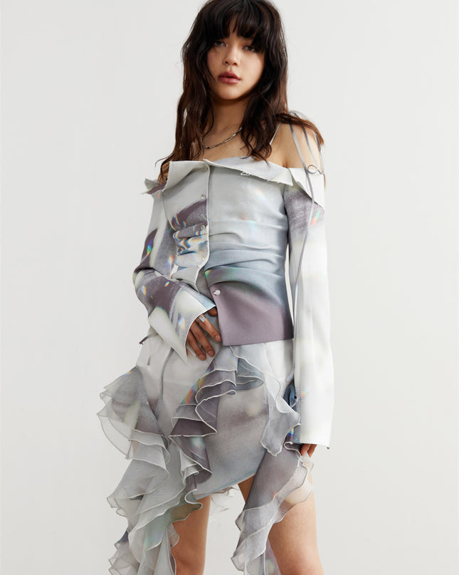 Ladies Designer Natural Light And Shadow Print Caution Machine Shirt