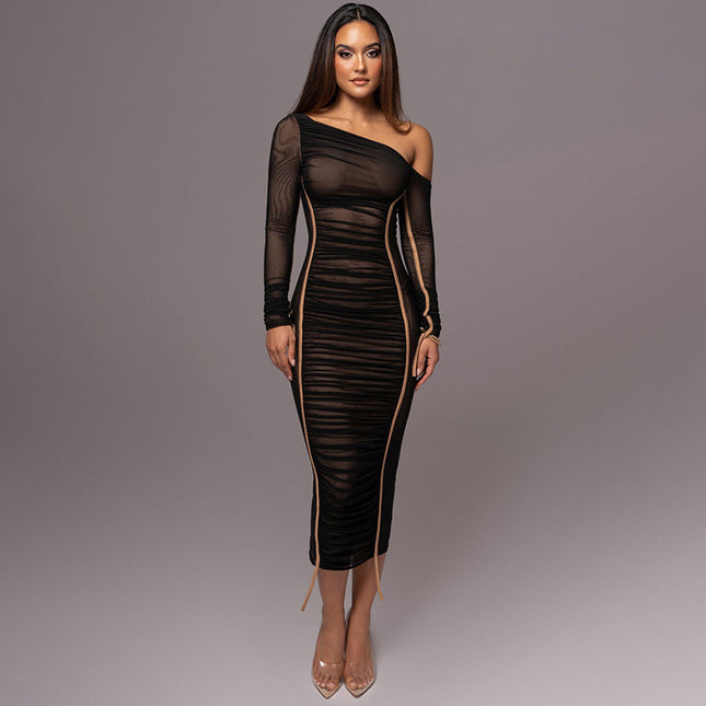 Women's Diagonal Collar Long Sleeve High Waist Mesh Dress