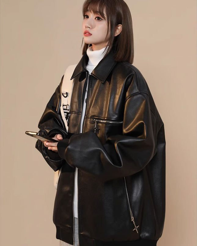 Turn-down Collar Coat Leather Jacket