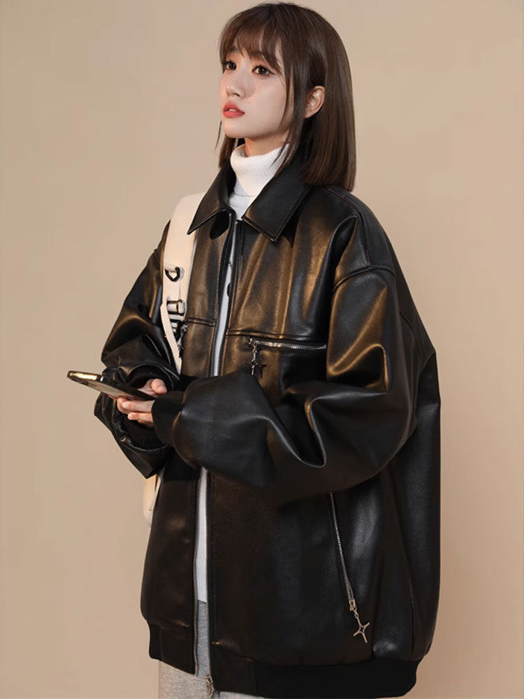 Turn-down Collar Coat Leather Jacket