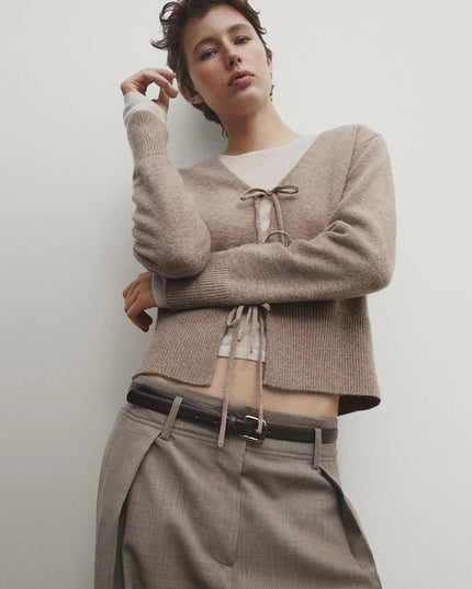 Solid Color And V-neck Rope Casual Minimalist Long Sleeve Sweater For Women