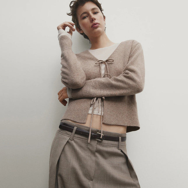 Solid Color And V-neck Rope Casual Minimalist Long Sleeve Sweater For Women