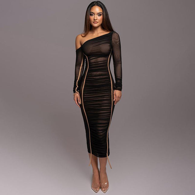 Women's Diagonal Collar Long Sleeve High Waist Mesh Dress