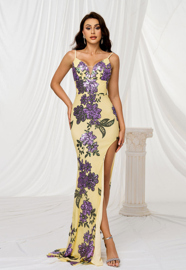 V-neck Brace Slim-fit Sheath Sequined Slit Evening Dress