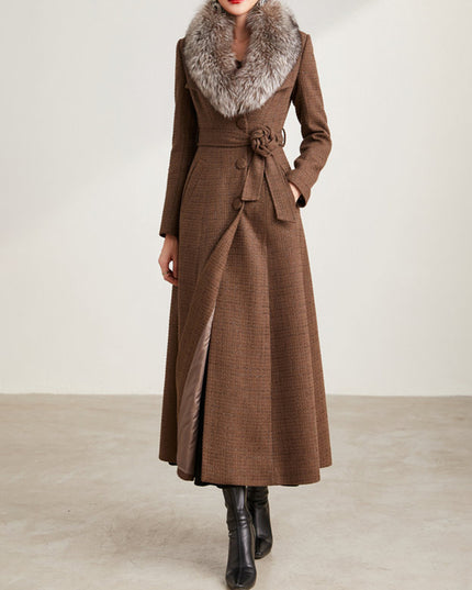Double Collar Long Slim Fit Tweed Coat